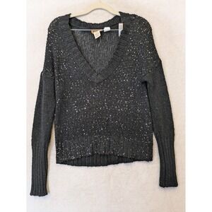 Mudd‎ Sweater Women's XL Black Sequin V-Neck Open Knit Long Sleeve